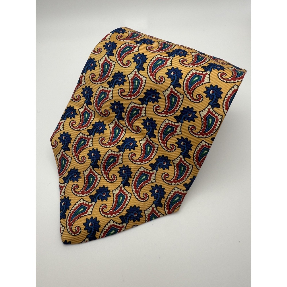 Vintage Rooster Tie Mens Yellow Blue Red Paisley Print Silk Made USA Necktie 90s